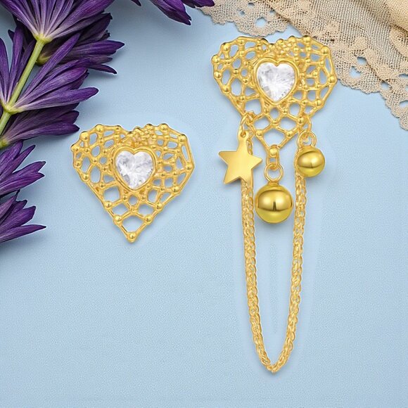 ๐๏ธ18K Gold Plated Asymmetrical Heart Earrings with Dangles Sparkling Rhinestone - Picture 8 of 10